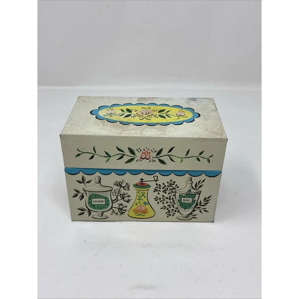 Vintage J. Chen 1950's Era Tin Litho Hinged Top Recipe Box With Dividers